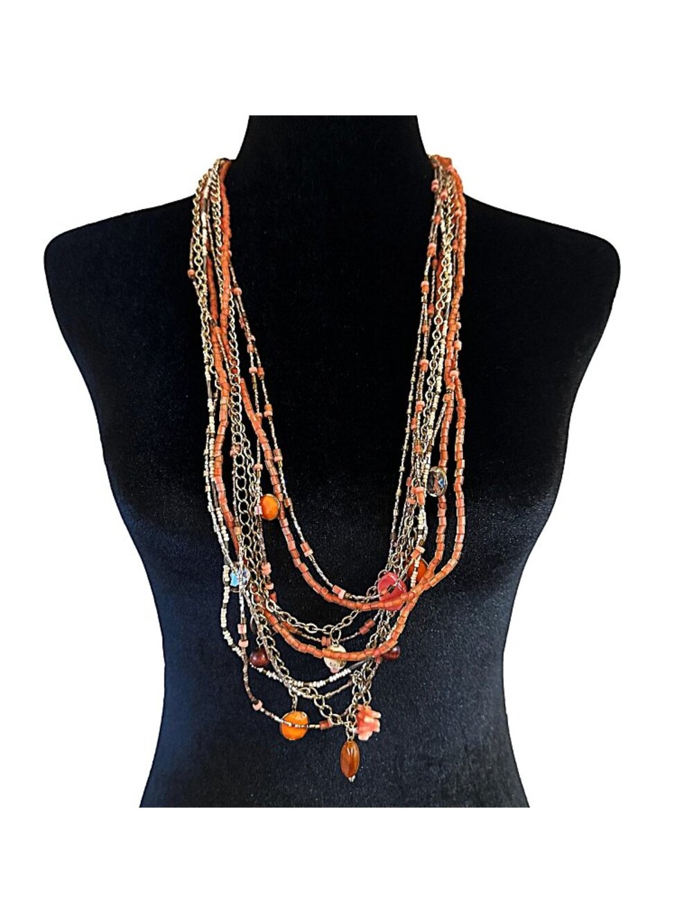Multi Strand Necklace Coral Gold Tone White Beaded Chain Adjustable Length